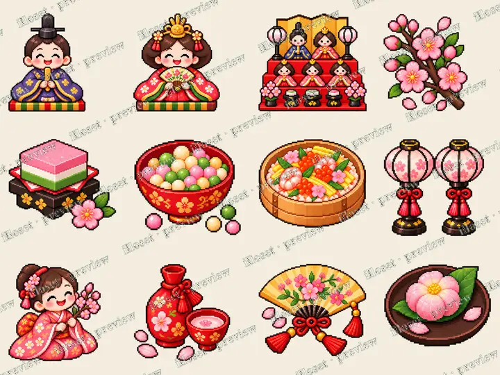 Japanese Hinamatsuri · Pixel: Emperor doll, Empress doll, Hina doll display, Peach blossom branch, Layered rice cake, Colorful rice crackers, Festive rice bowl, Standing lanterns, Girl with blossoms, Red drink set, Blossom folding fan, Pink flower sweet