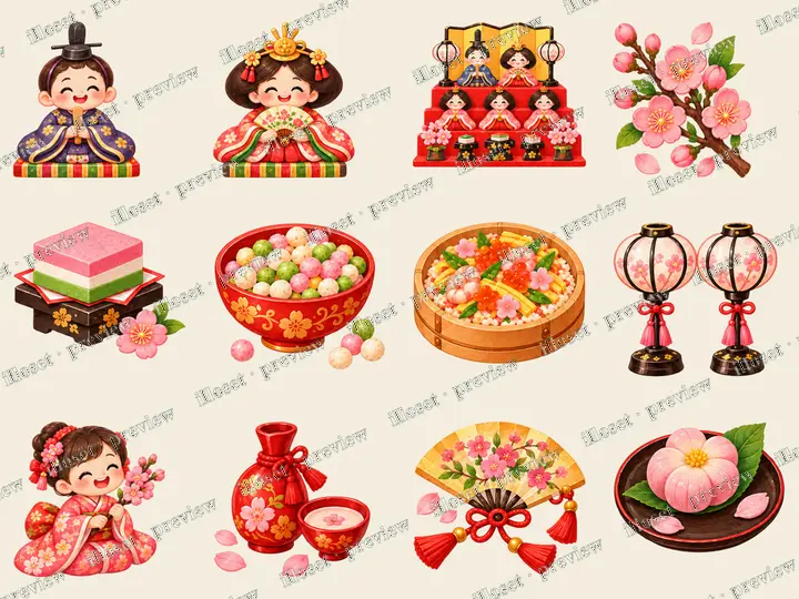 Japanese Hinamatsuri: Emperor doll, Empress doll, Hina doll display, Peach blossom branch, Layered rice cake, Colorful rice crackers, Festive rice bowl, Standing lanterns, Girl with blossoms, Red drink set, Blossom folding fan, Pink flower sweet
