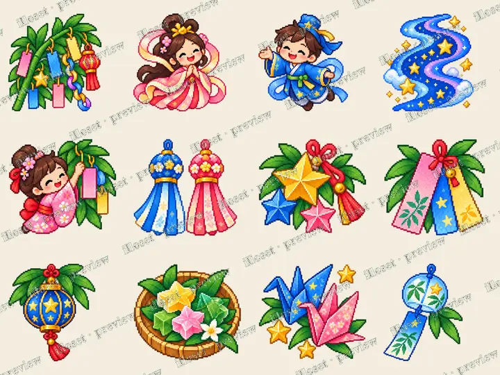 Japanese Tanabata · Pixel: Wish bamboo, Star princess, Star prince, Starry river, Girl hanging wishes, Festival streamers, Paper star ornaments, Wish paper strips, Star lantern, Star sweets, Paper cranes, Glass wind chime