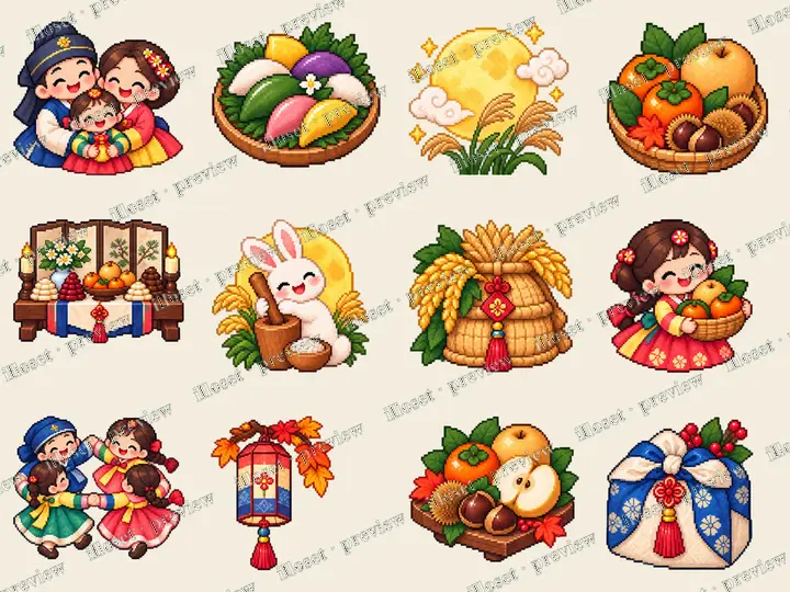 Korean Chuseok · Pixel: Family in hanbok, Rice cake platter, Harvest moon, Harvest fruit basket, Offering table, Moon rabbit, Harvest bundle, Girl with fruit basket, Circle dancers, Autumn lantern, Autumn fruit board, Wrapped gift