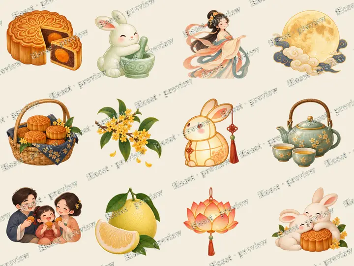 A little moonlit reunion: Yolk mooncake, Jade rabbit, Chang’e, Golden moon, Mooncake basket, Osmanthus branch, Rabbit lantern, Osmanthus tea set, Mooncake reunion, Pomelo, Lotus lantern, Rabbit pair